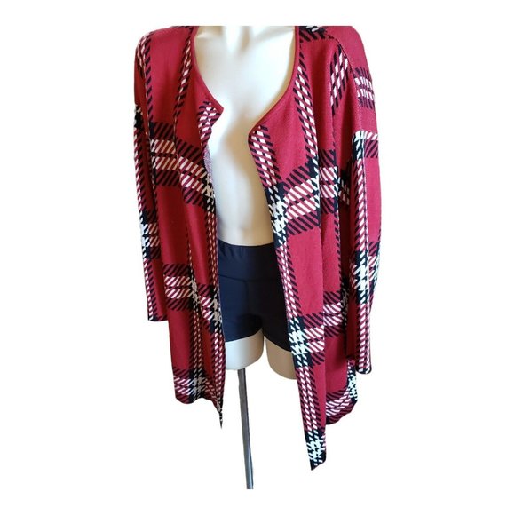 Plaid Cardigan Sweater Size L Black Red Long W No Buttons - Picture 2 of 8